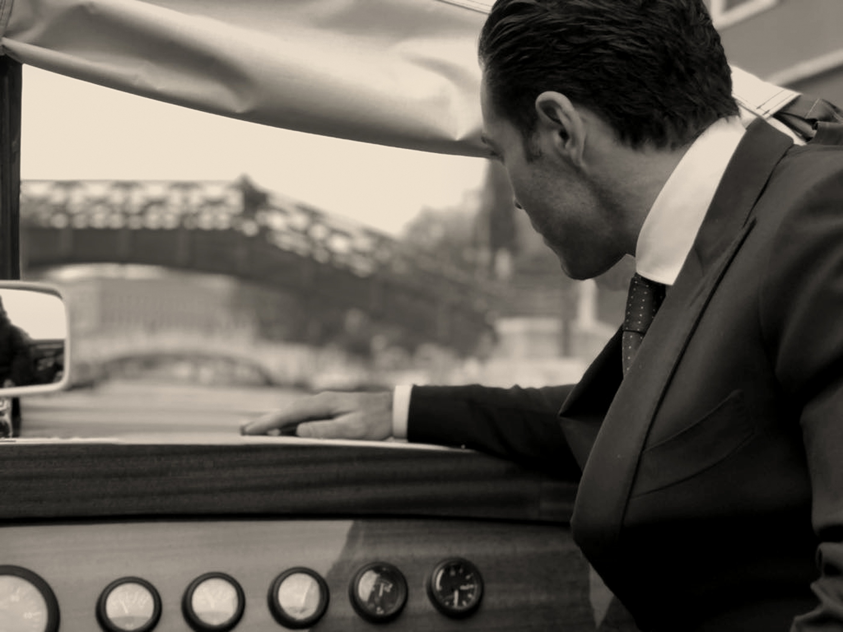 Massimiliano 'Max' Musina, Italian-American film producer, in a Venice water taxi, forward motion, Venice, Italy